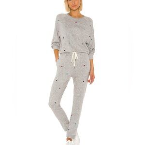 RAILS MIKA HEART RAINBOW KNIT SWEATSHIRT AND PANTS SET. TOP MED. BOTTOMS SMALL.